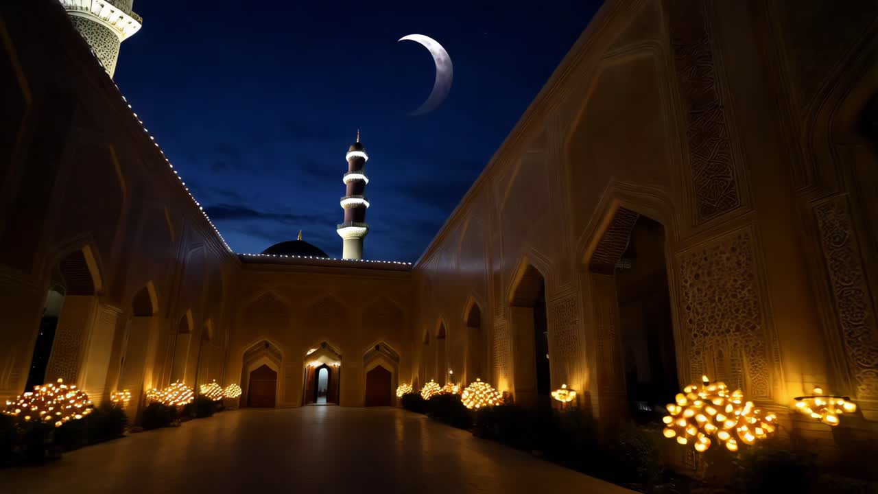 vista nocturna de un patio de una mezquita durante el ramadán
