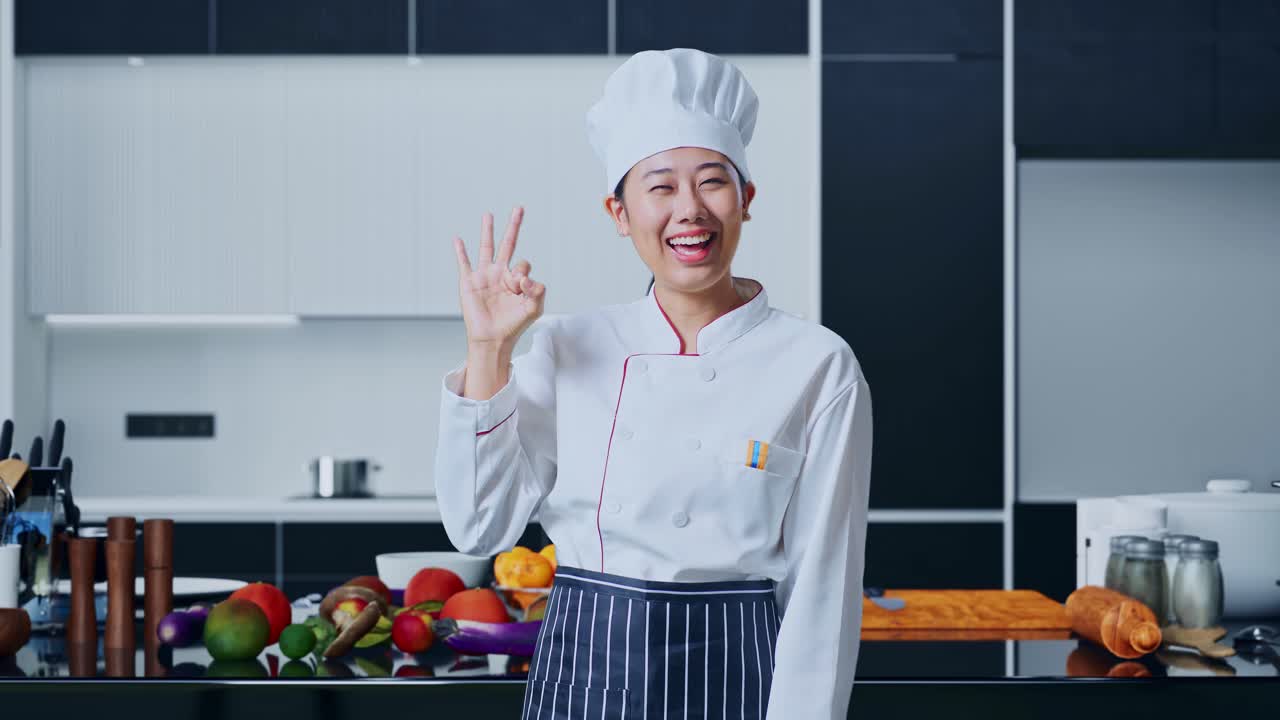 chef asiático feliz mostrando el signo de "okay"