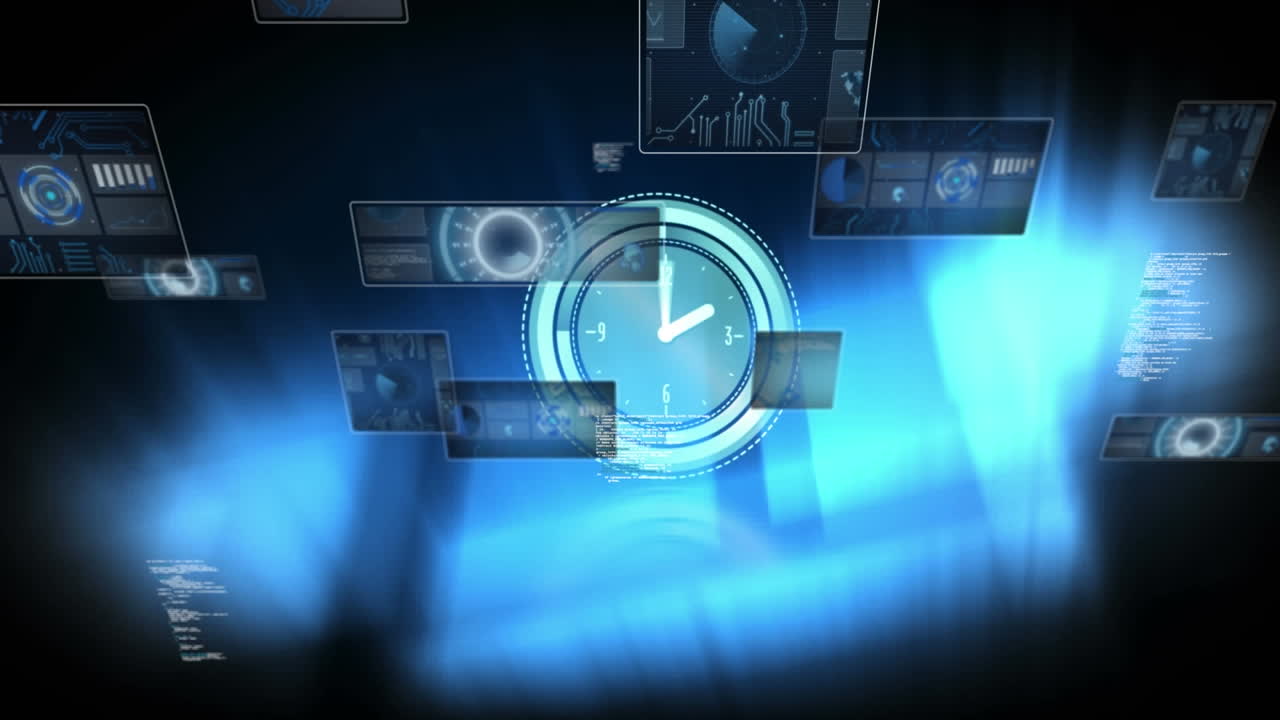 Animation of clock, scopes scanning and data processing over screens on dark background