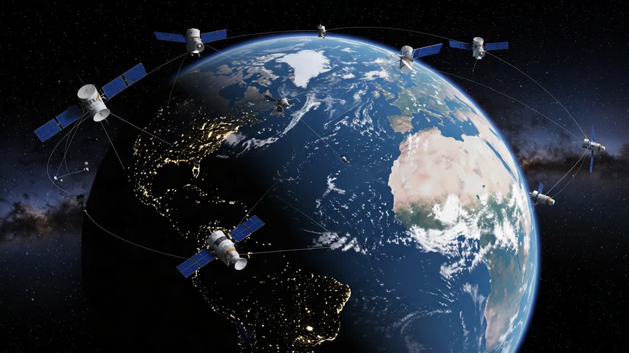 An Aerial View of Earth Surrounded by Multiple Satellites in Orbit, Highlighting Their Paths and Connections in Real-Time, Emphasizing Global Communication and Technology Advances