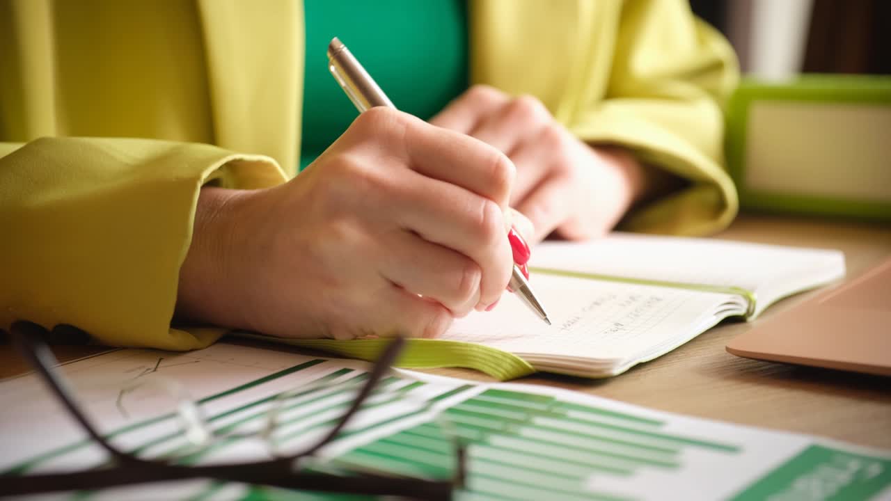 gerente escribiendo ideas para el desarrollo de negocios en el cuaderno de primer plano película 4k