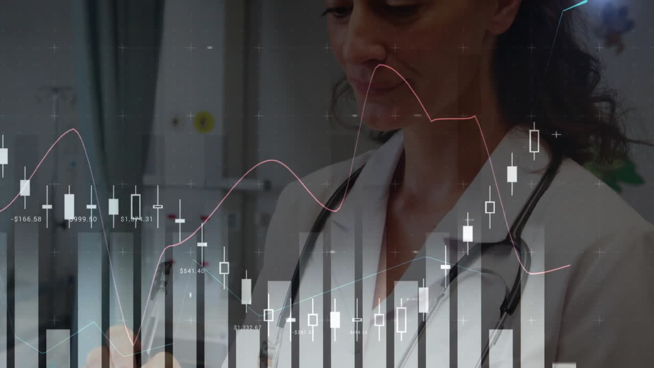 animación del procesamiento de datos sobre la doctora caucásica en el hospital