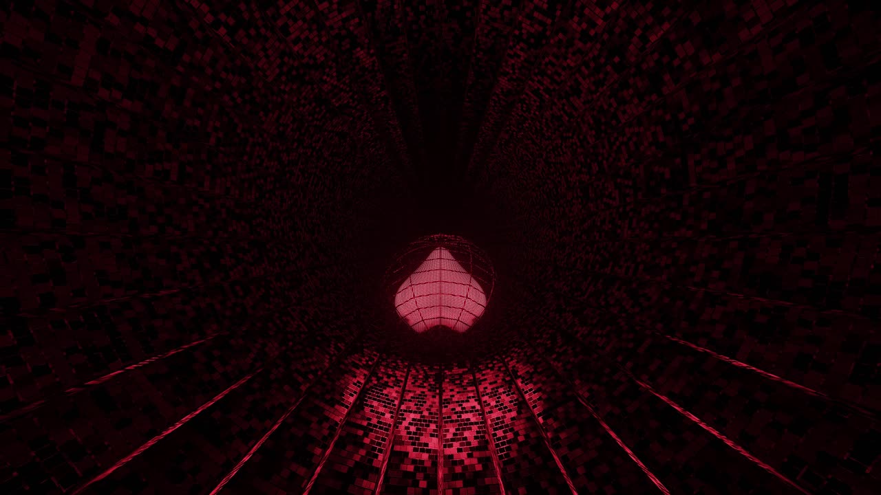 VJ Loop - 3D Red Heart Rolling Along a Reflective Digital Tunnel Surface With Lines Disappearing into the Darkness