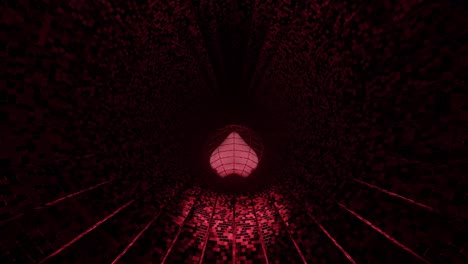vj loop: corazón rojo 3d rodando a lo largo de una superficie de túnel digital reflectante con líneas que desaparecen en la oscuridad