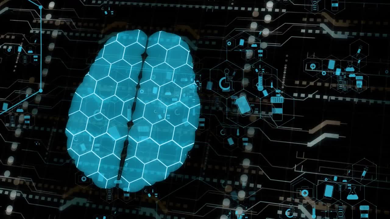 Animation of medical icons and brain on black background