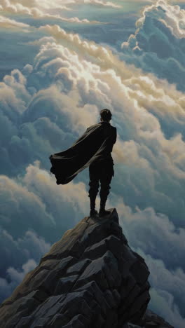 figure on mountain peak overlooking cloudscape