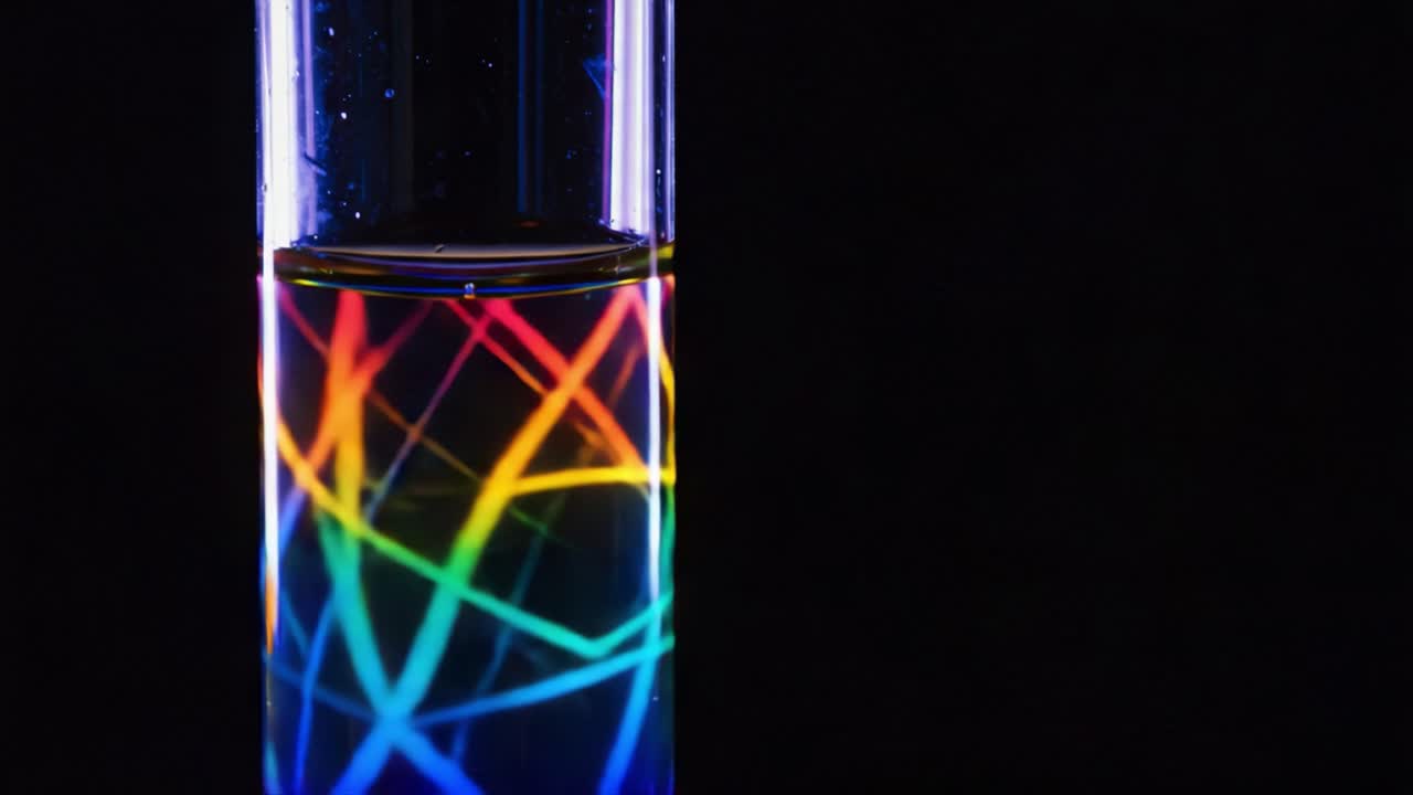 Vibrant Light Reflections and Colorful Patterns in a Transparent Cylinder Filled with Water, Showcasing the Interaction Between Light and Liquid