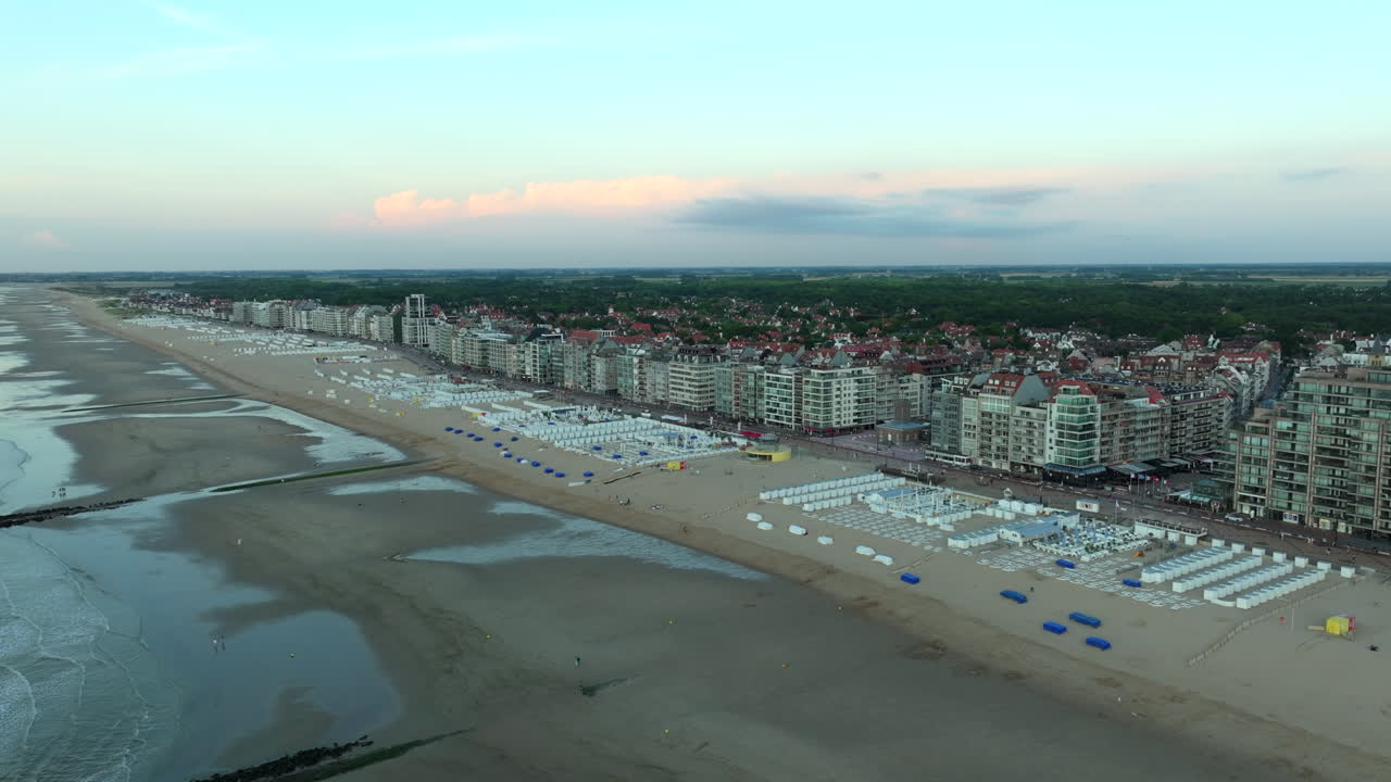 Aerial Ascending Pedestal Knokke City and Beach at Golden Hour