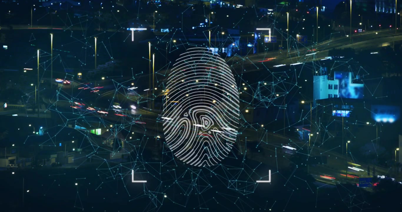 Digital Fingerprint Scanning Over Night City Traffic