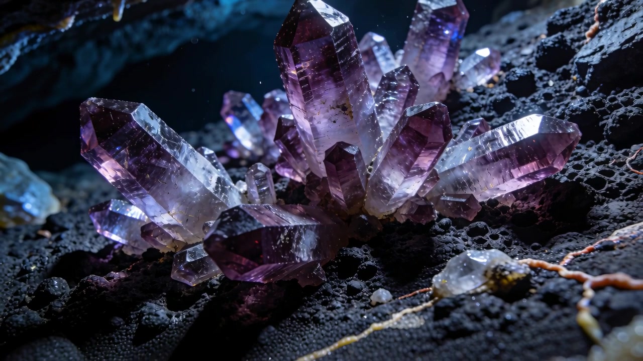 Panoramica della telecamera, con luce di contorno che si sposta, rivelando un grappolo centrale viola e venature in una grotta, scintillante.
