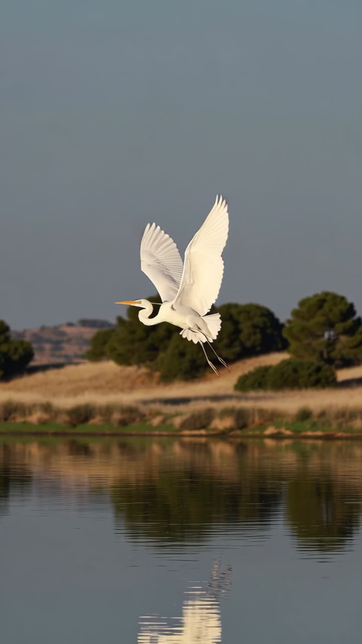 Elegante Airone bianco maggiore in volo sull'acqua