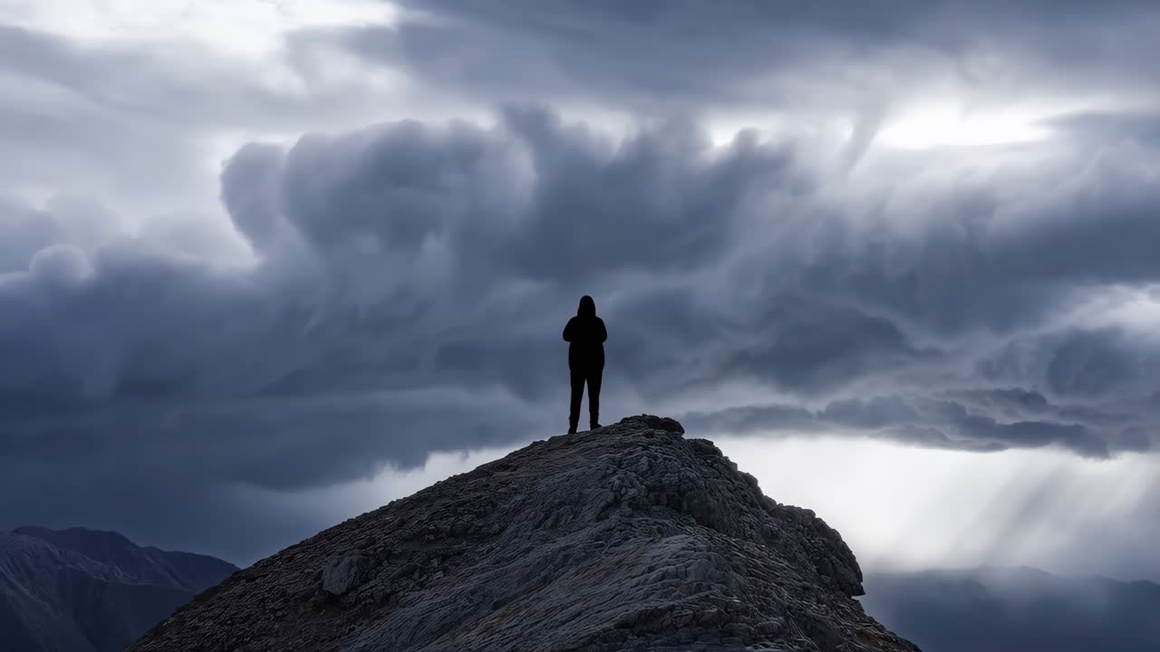 A solitary figure stands atop a mountain peak under a dramatic, stormy sky