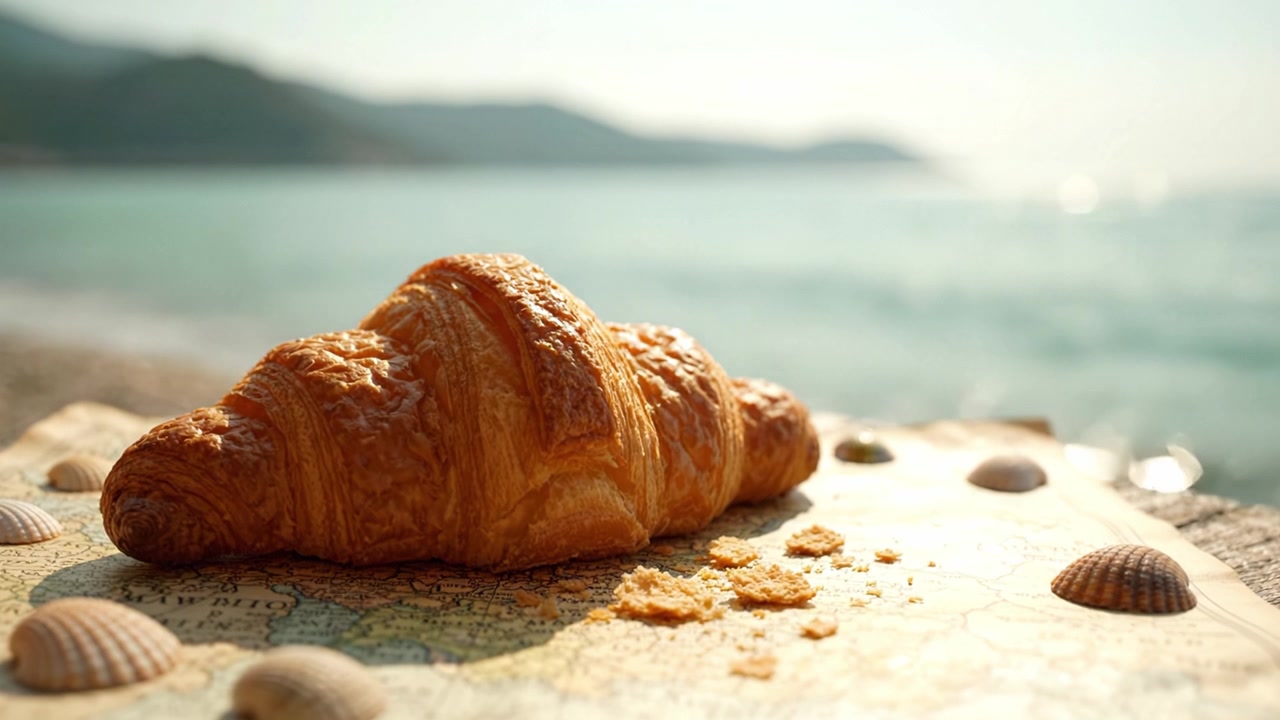 A Perfect Morning by the Sea: A Croissant on a Map Surrounded by Seashells, Capturing the Essence of Relaxation and Culinary Delight in Nature's Beauty