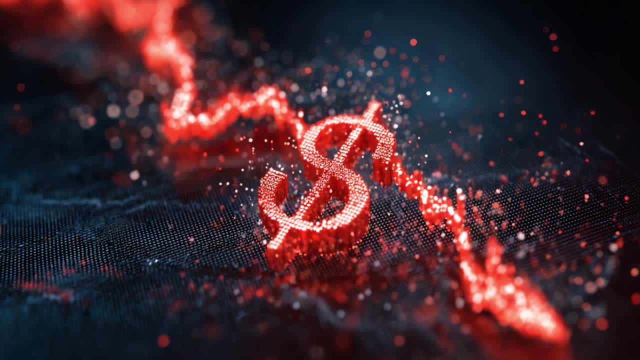A Dynamic Visualization of Financial Trends with a Shimmering Dollar Sign Against a Vivid Red Background, Illustrating Market Fluctuations and Economic Data Analysis