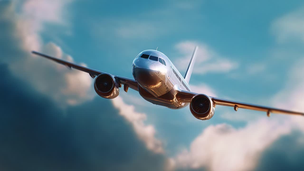 Eine beeindruckende Darstellung eines modernen Passagierflugzeugs, das durch den strahlend blauen Himmel fliegt, umgeben von flauschigen Wolken, die die Schönheit der Luftfahrt und des Fliegens zeigt