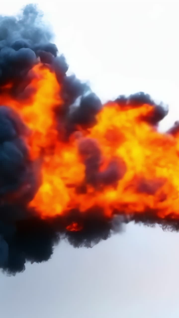 Fire and smoke erupting into the sky. Flames and dark smoke billow into the sky, creating a dramatic visual spectacle of fire and destruction.