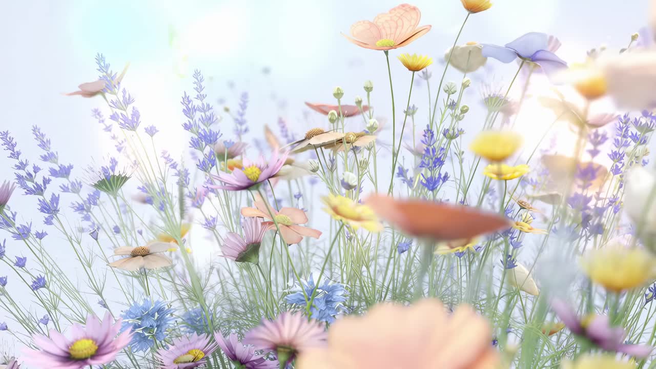 Low-angle video of vibrant wildflowers in soft focus, capturing a dreamy, serene atmosphere