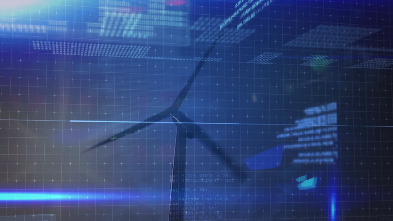 데이터 처리 및 풍력 터빈과 구름이있는 하늘 위의 빛 트레일의 애니메이션