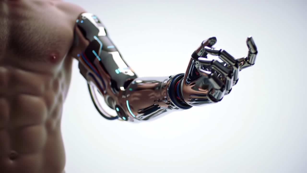 Futuristic Cybernetic Arm Showcasing Advanced Robotics and Human-Like Features in a Seamless Blend of Technology and Anatomy, Symbolizing Progress in Biomechanical Engineering