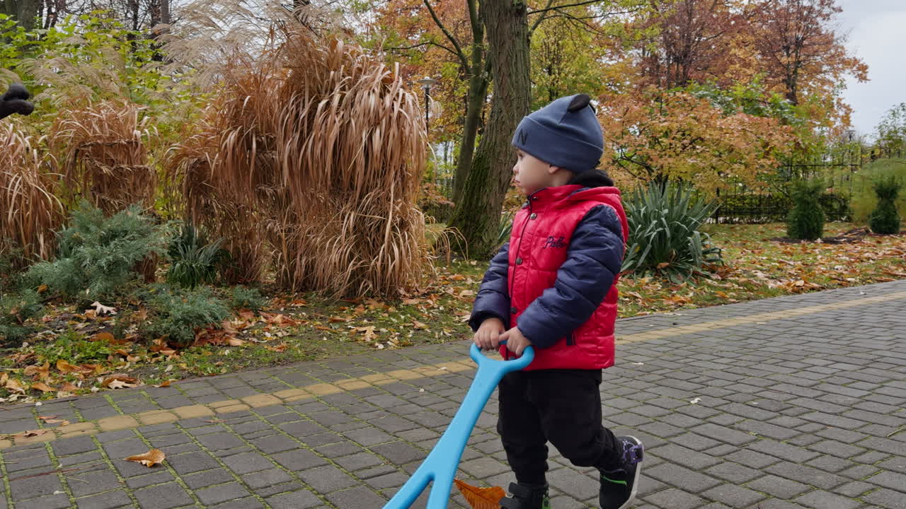 Sweet baby boy in red jacket enters the park. Lovely toddler with a toy on the walk in autumn.