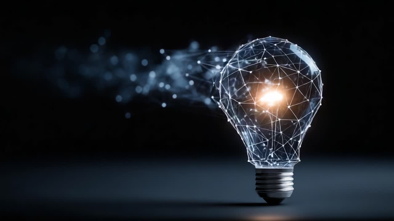 Eine atemberaubende abstrakte Darstellung einer Glühbirne, geformt aus einem Netzwerk leuchtender Linien und Punkte, die das Konzept von Innovation und Ideen in einer digitalen Welt illustriert.