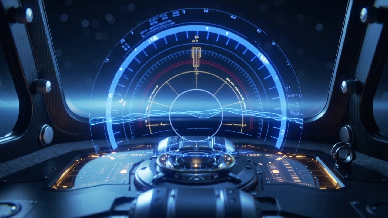 Startup signal activating blue holographic HUD powering up on craft flight deck, with gyroscope