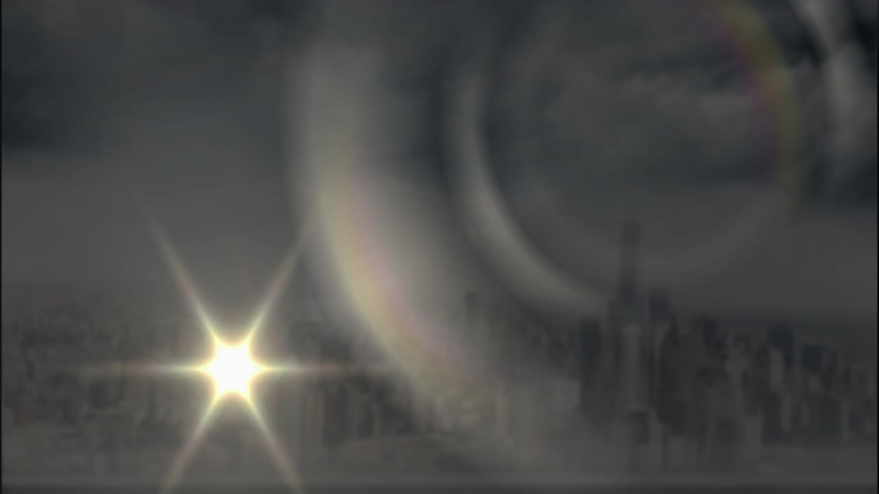 Animation of bright starburst effect over hazy city skyline with rainbow halo