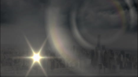 animation of bright starburst effect over hazy city skyline with rainbow halo