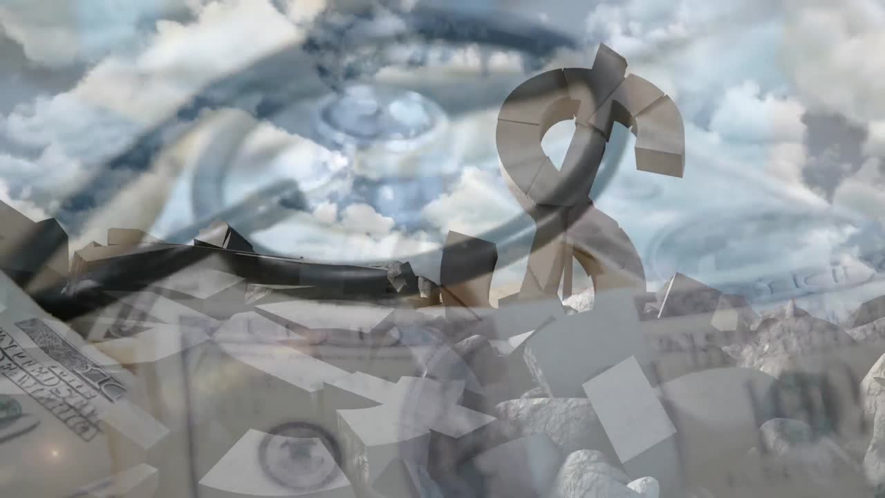 구름진 하늘과 함께 무너지는 미국 달러 기호의 애니메이션 코로나바이러스 코로나19