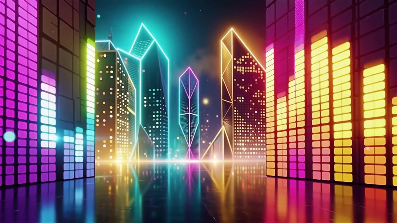 Fundo Futurista com Visualizador de Equalizador de Música Neon Arco-Íris.