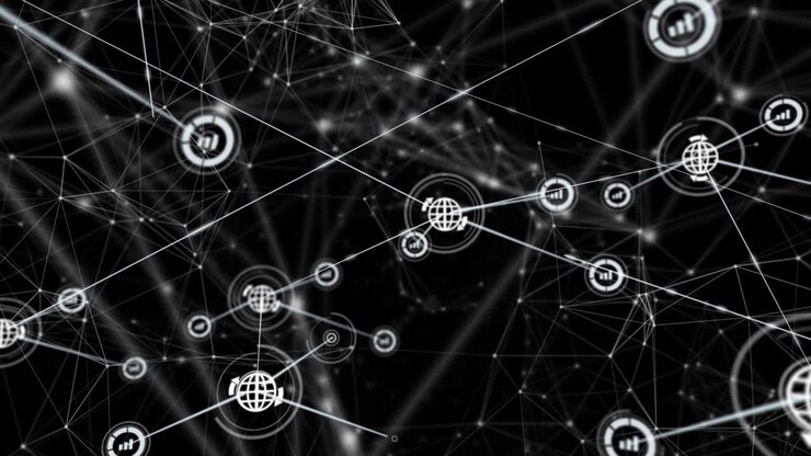 Animation of networks of connections with icons over black background
