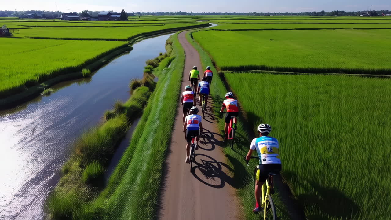 Cyclists riding through rice paddy fields