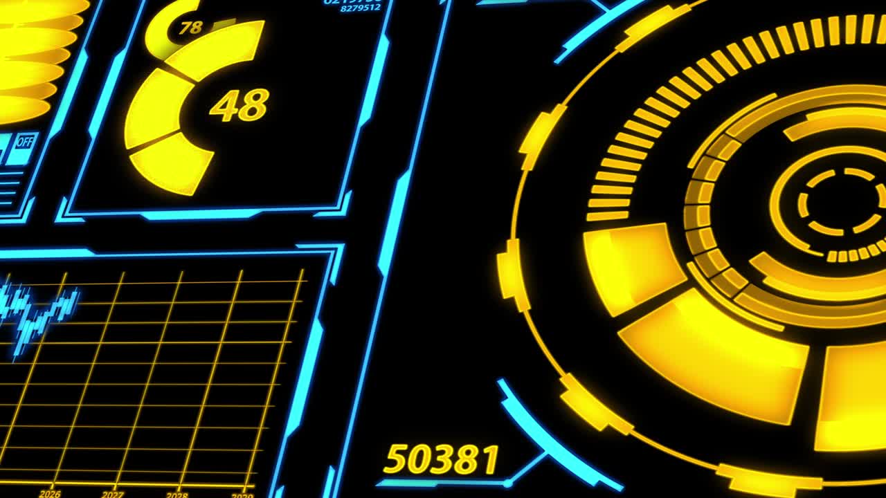 데이터 전송 및 디지털 변환 화면, 노란색과 파란색 테마의 세부 사항 (카메라 패닝)