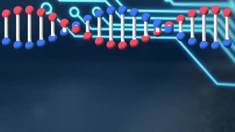 animation of spinning dna strand over computer circuit board