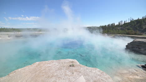 steam above mineral thermal hot spring pool in yellowstone national park wyoming usa, static view, close up