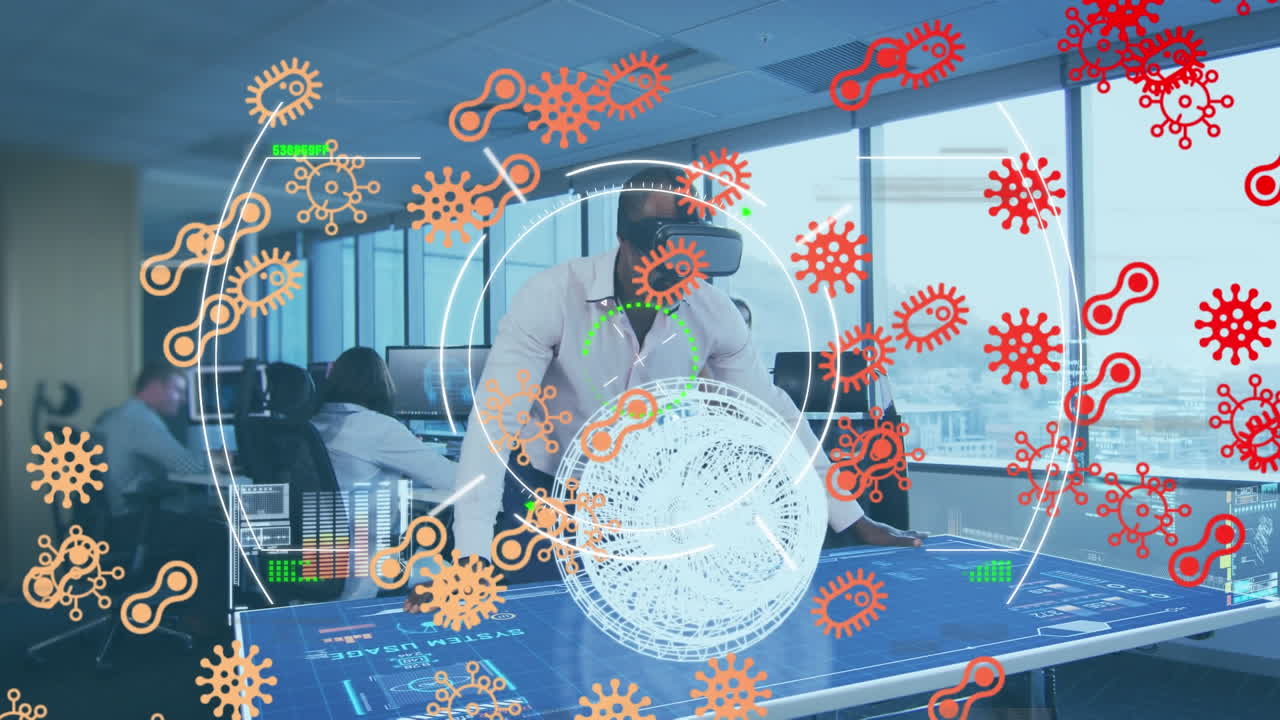 사무실에서 일하는 vr 헤드 ⁇ 에 있는 사람 위에 회전하는 스캐너와 바이러스 세포의 애니메이션