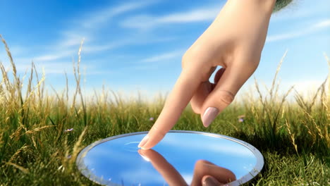 a hand interacting with a reflective surface in nature