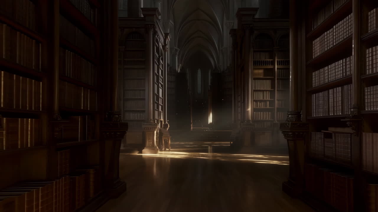 Grand Gothic Library Interior with Dramatic Lighting