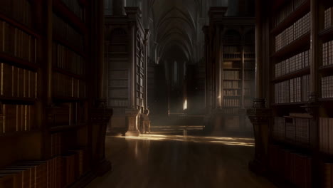 grand gothic library interior with dramatic lighting