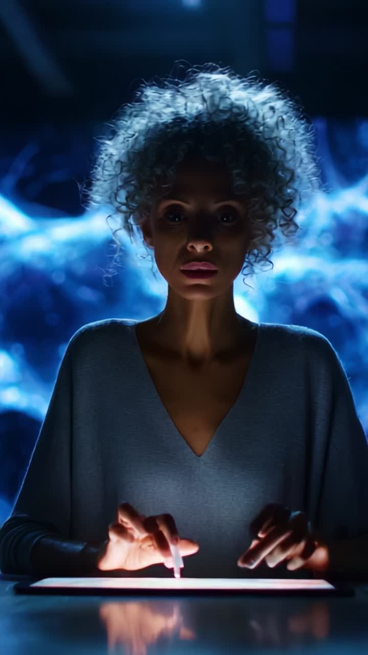 A Focused Woman Engages with Technology in a Dark Environment, Illuminated by a Bright Screen with Abstract, Ethereal Patterns in the Background