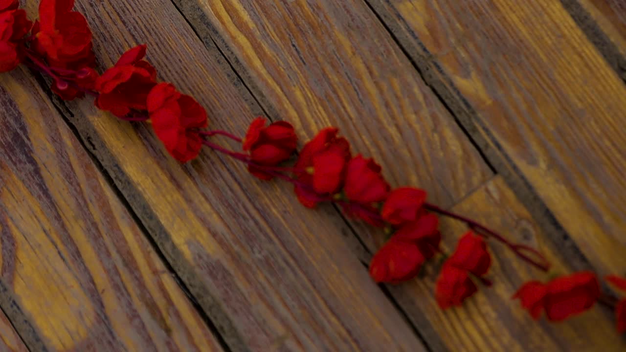 деревянный мост, украшенный красными цветами, дорожка над головой, крупный снимок видео
