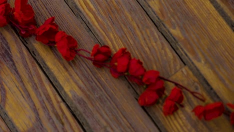 Holzbrücke-Mit-Roten-Blumen-Geschmückt,-Weg-über-Dem-Kopf,-Nahaufnahme-Video