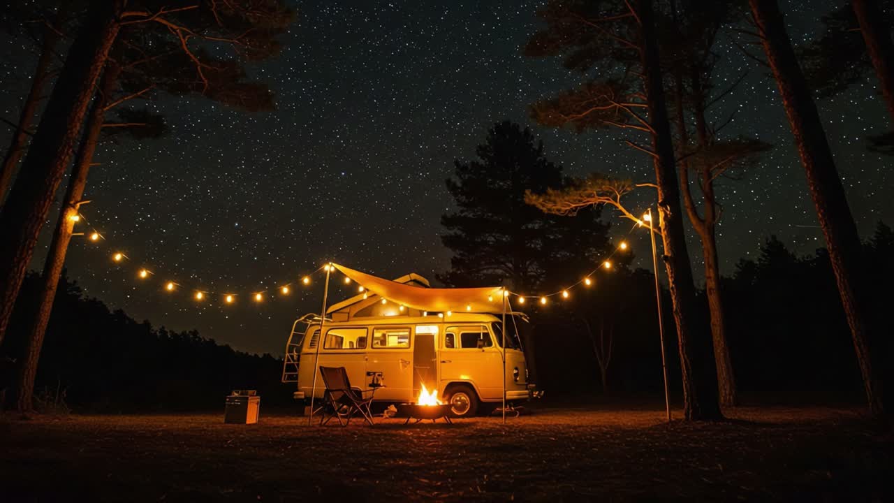 A Serene Night Camping Scene Featuring a Vintage Van Surrounded by Twinkling Stars and Warm String Lights, Perfect for Outdoor Adventures and Stargazing Moments