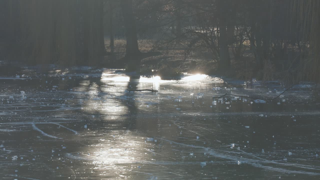 Sunlight reflecting on a frozen lake in winter