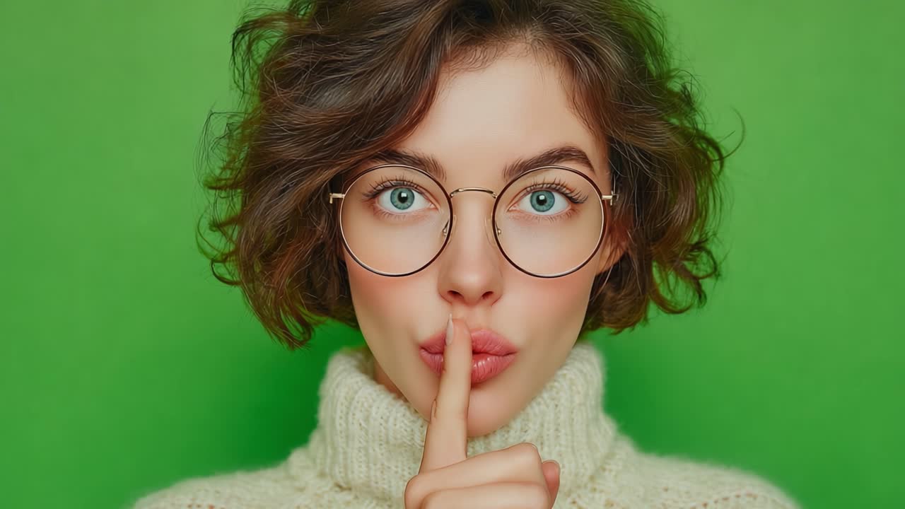 A young woman with captivating blue eyes and curly hair playfully gestures for silence with a finger to her lips, set against a vibrant green background, creating an intriguing moment