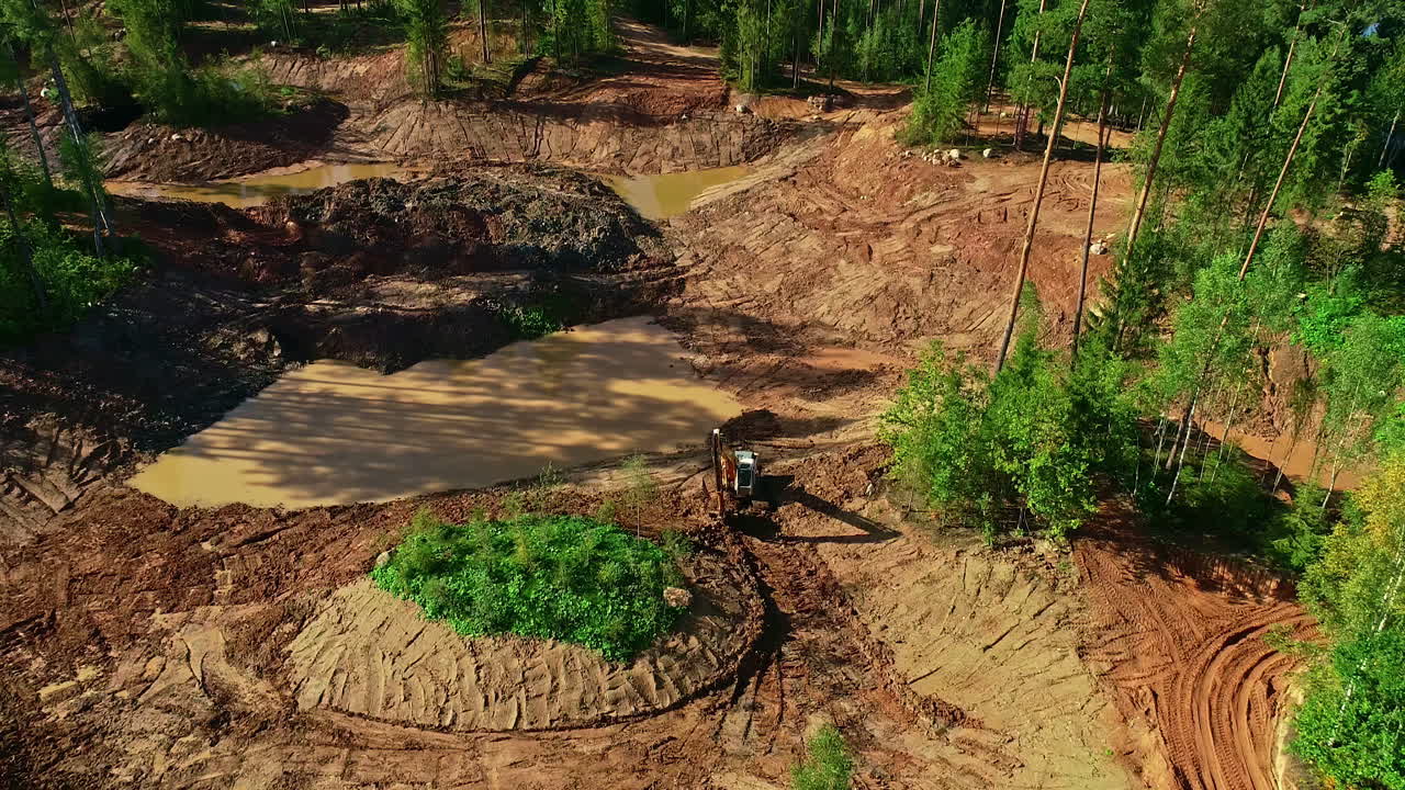 Deforestation land, effects cutting tree forest, flood water pond, excavator