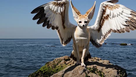 winged fennec fox on a rocky shore