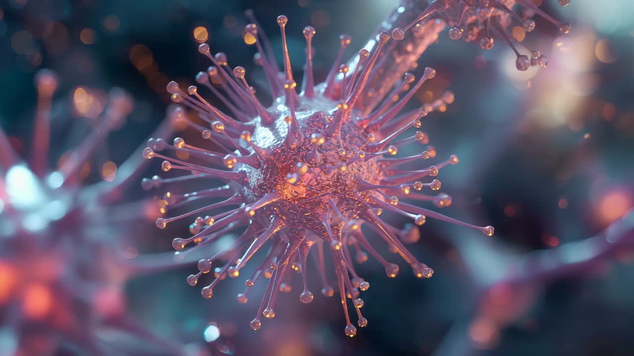 Orbiting camera causing spherical virus-like particle rotating in fluid, revealing protein corona