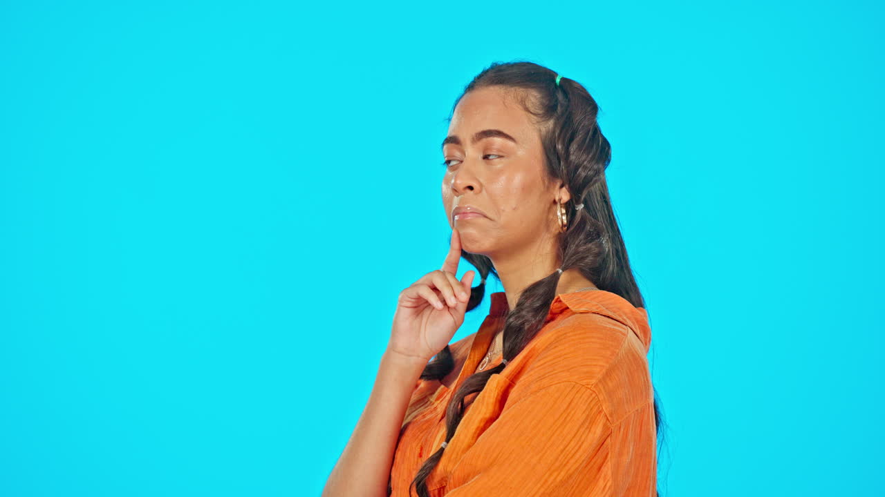 Thinking, decision and face of woman on blue