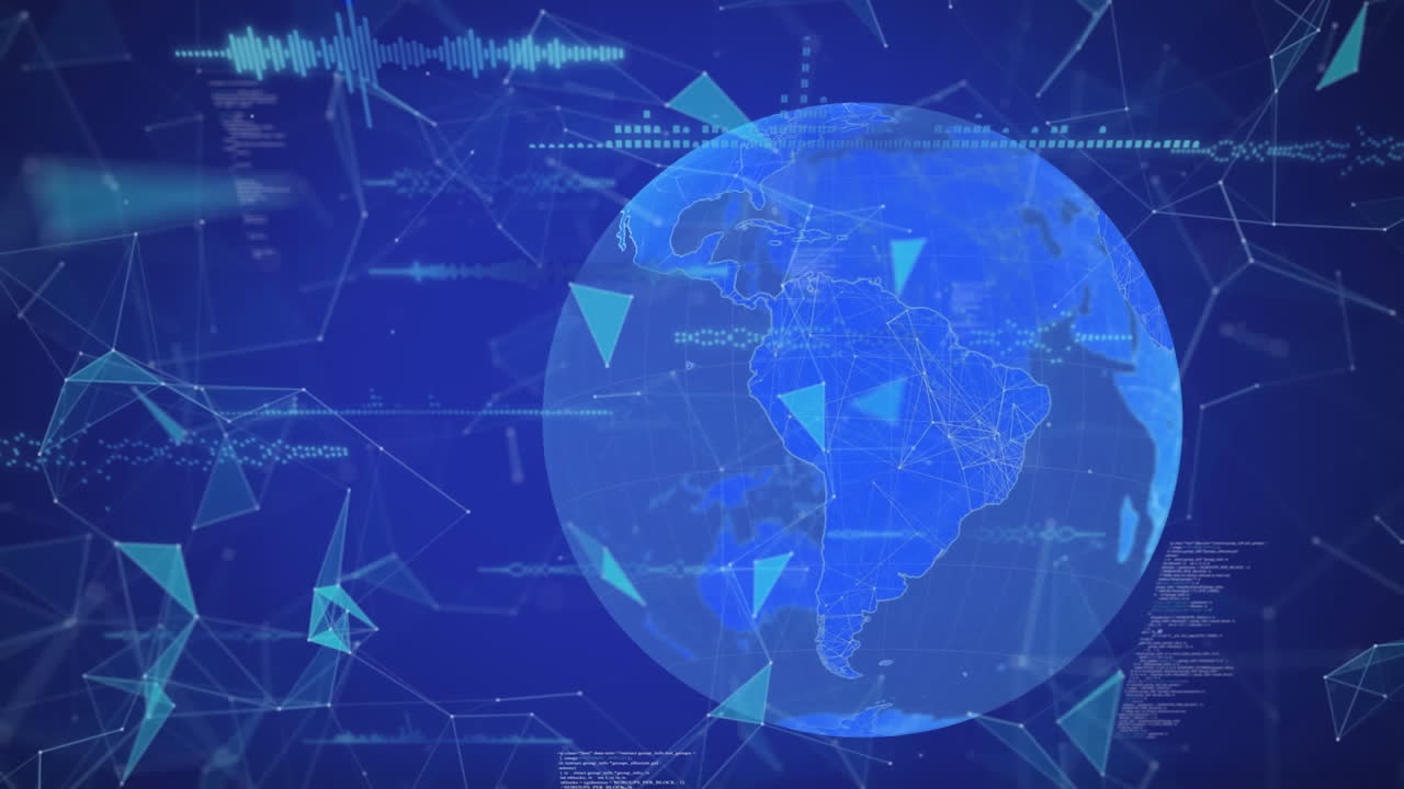 연결된 점들이 지구상에서 모양을 형성하고 파란색 배경에 컴퓨터 언어를 형성하는 애니메이션